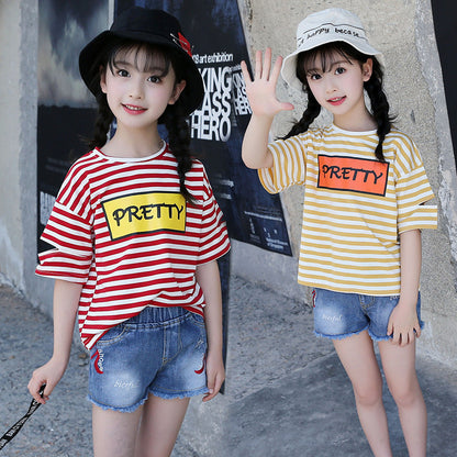 Girls short-sleeved T-shirt 2024 new summer clothes for children, middle and large children, fashionable T-shirt pullover knitted cotton sweater tops