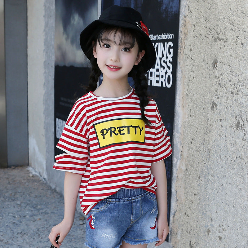 Girls short-sleeved T-shirt 2024 new summer clothes for children, middle and large children, fashionable T-shirt pullover knitted cotton sweater tops