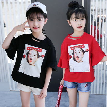 Girls short-sleeved T-shirt 2024 new summer clothes for children, middle and large children, fashionable T-shirt pullover knitted cotton sweater tops