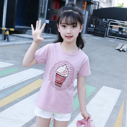 Girls T-shirts 2024 new summer clothes children's short-sleeved T-shirts for middle and large children's hollow tops for girls' foreign style shirts