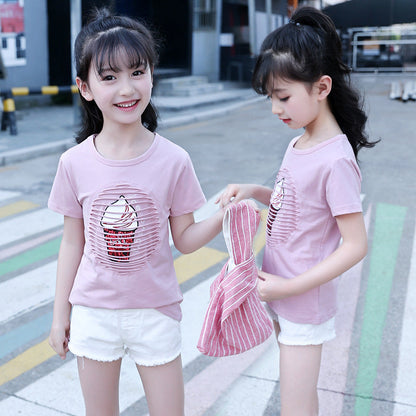 Girls T-shirts 2024 new summer clothes children's short-sleeved T-shirts for middle and large children's hollow tops for girls' foreign style shirts