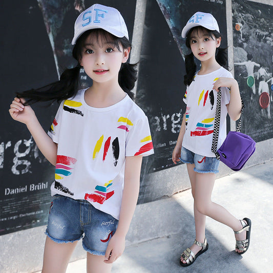 Girls short-sleeved T-shirt 2024 new summer clothes for children, middle and large children, fashionable T-shirt pullover knitted cotton sweater tops