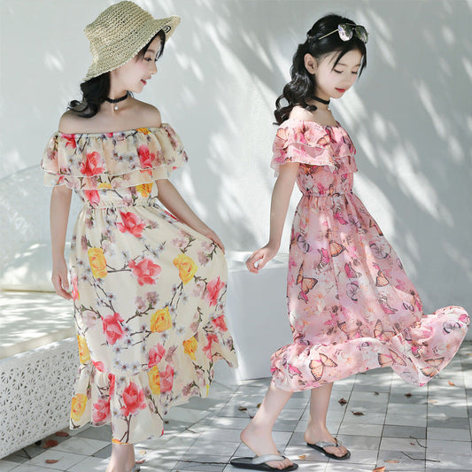 Girls chiffon dress 2024 new summer dress stylish medium-long beach children's medium and large children's off-shoulder floral dress