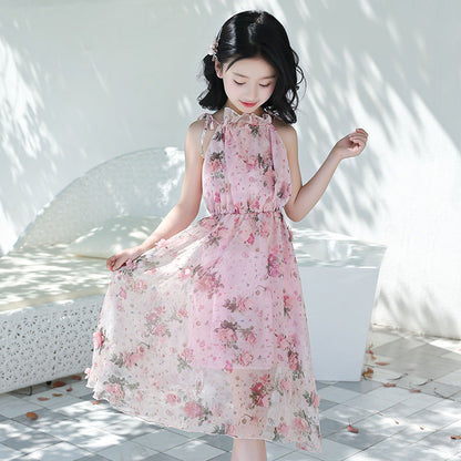 Girls chiffon dress 2024 new summer dress stylish medium-long beach children's medium and large children's off-shoulder suspender dress