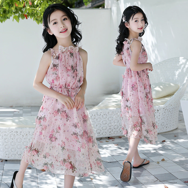 Girls chiffon dress 2024 new summer dress stylish medium-long beach children's medium and large children's off-shoulder suspender dress