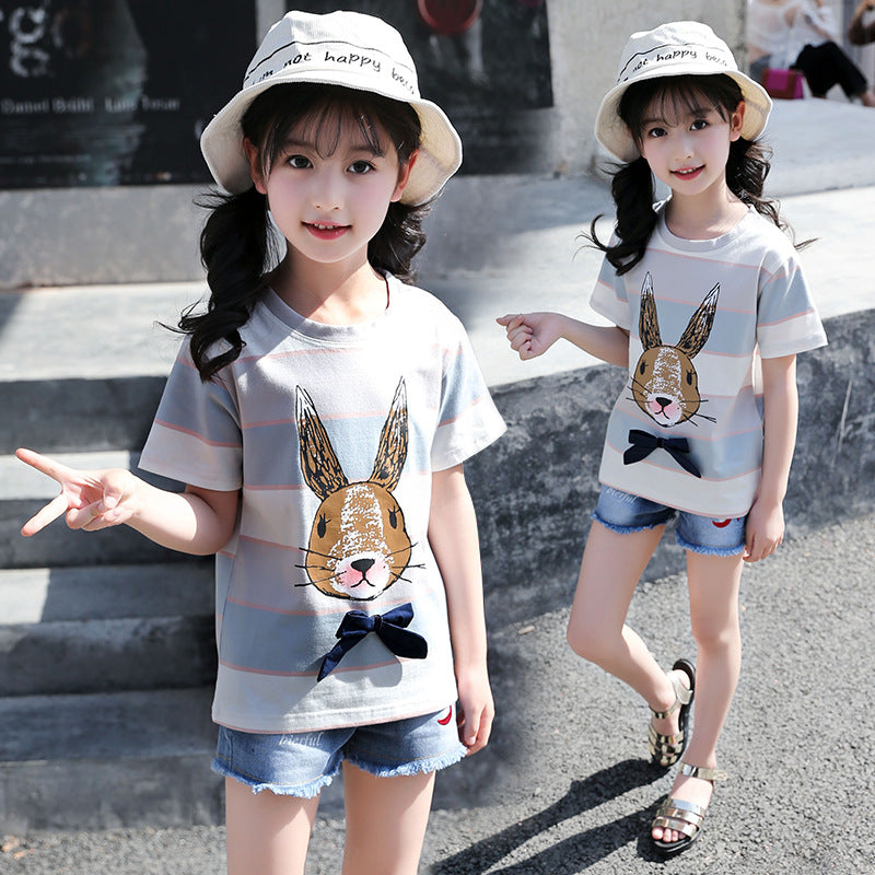 Girls short-sleeved T-shirt 2024 new summer children's casual tops pullover cotton medium and large children's striped T-shirt