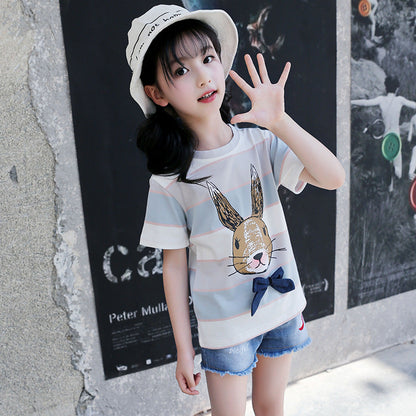 Girls short-sleeved T-shirt 2024 new summer children's casual tops pullover cotton medium and large children's striped T-shirt