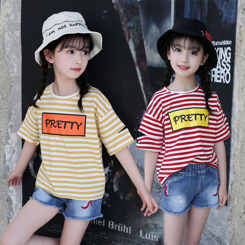 Girls short-sleeved T-shirt 2024 new summer clothes for children, middle and large children, fashionable T-shirt pullover knitted cotton sweater tops