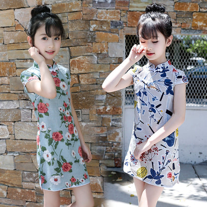 Summer Girls Short-sleeved Cheongsam Cotton Linen Floral Cheongsam Embroidery National Style Retro Children's Day Performance Dress