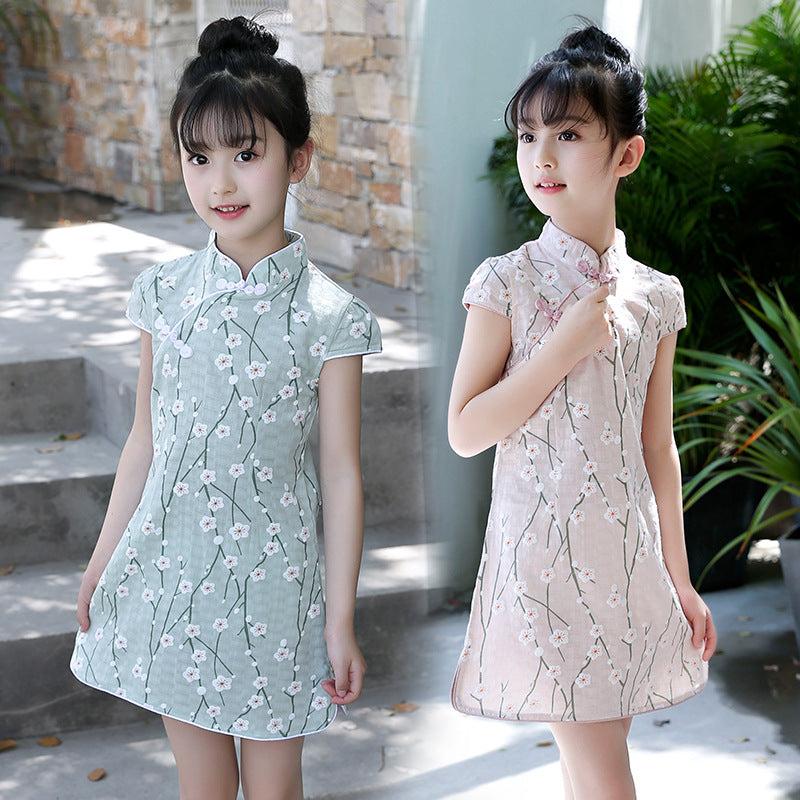 Summer Girls Short-sleeved Cheongsam Cotton Linen Floral Cheongsam Embroidery National Style Retro Children's Day Performance Dress