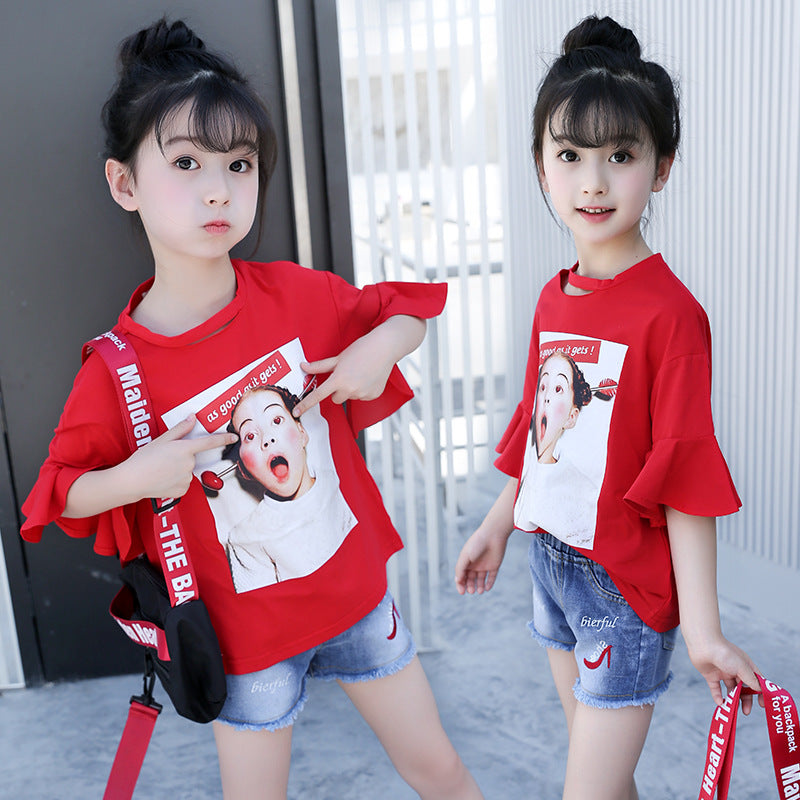 Girls short-sleeved T-shirt 2024 new summer clothes for children, middle and large children, fashionable T-shirt pullover knitted cotton sweater tops