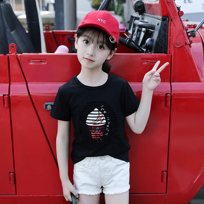 Girls T-shirts 2024 new summer clothes children's short-sleeved T-shirts for middle and large children's hollow tops for girls' foreign style shirts