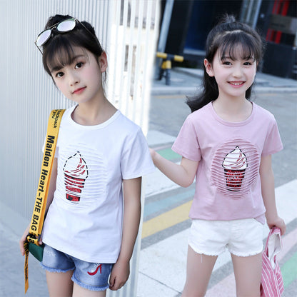 Girls T-shirts 2024 new summer clothes children's short-sleeved T-shirts for middle and large children's hollow tops for girls' foreign style shirts