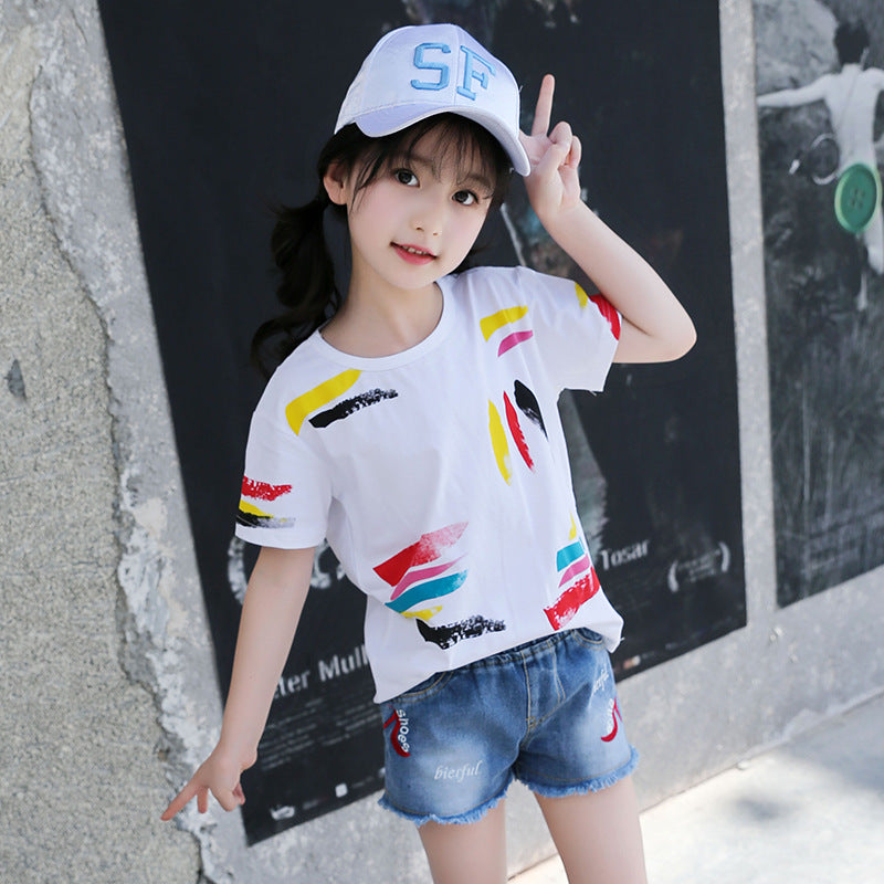 Girls short-sleeved T-shirt 2024 new summer clothes for children, middle and large children, fashionable T-shirt pullover knitted cotton sweater tops