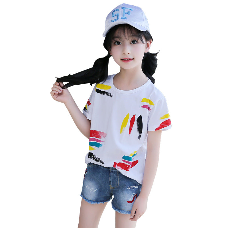 Girls short-sleeved T-shirt 2024 new summer clothes for children, middle and large children, fashionable T-shirt pullover knitted cotton sweater tops