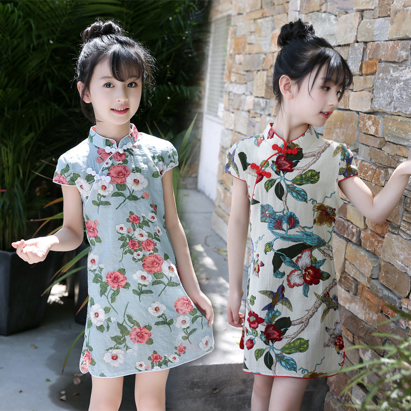 Summer Girls Short-sleeved Cheongsam Cotton Linen Embroidery Ethnic Style Retro Floral Cheongsam Children's Day Performance Dress