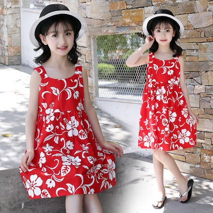 Girls vest skirt cotton floral red skirt Korean style flower casual dress vest skirt performance skirt trend