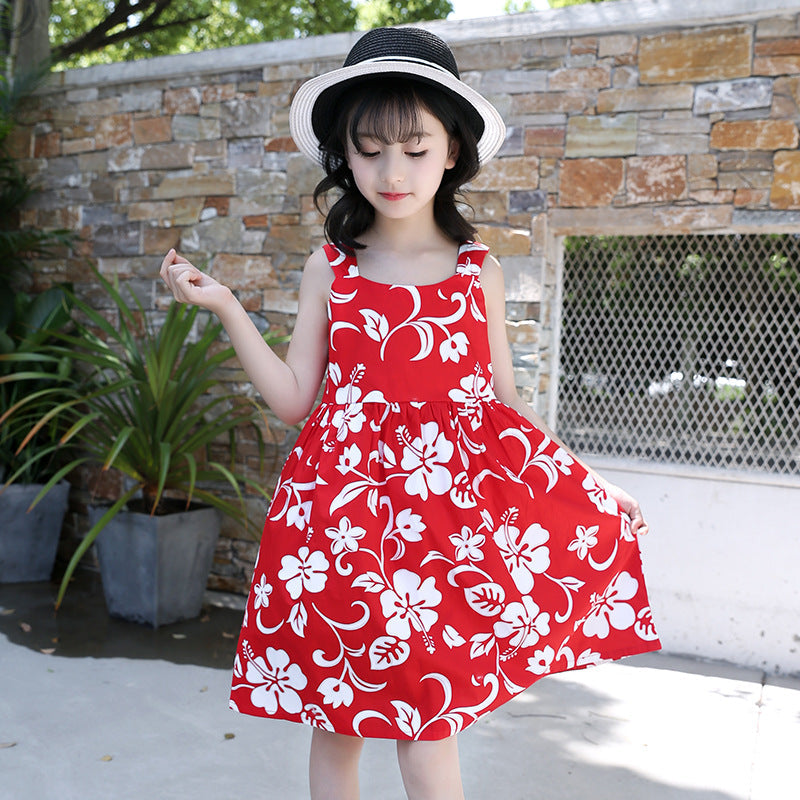 Girls vest skirt cotton floral red skirt Korean style flower casual dress vest skirt performance skirt trend