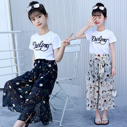 Girls wide-leg pants suit 2024 new summer clothes stylish children's chiffon two-piece mosquito-proof pants fashionable