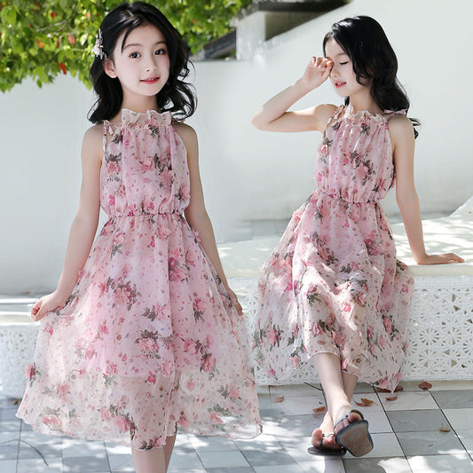 Girls chiffon dress 2024 new summer dress stylish medium-long beach children's medium and large children's off-shoulder suspender dress