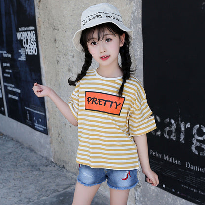 Girls short-sleeved T-shirt 2024 new summer clothes for children, middle and large children, fashionable T-shirt pullover knitted cotton sweater tops