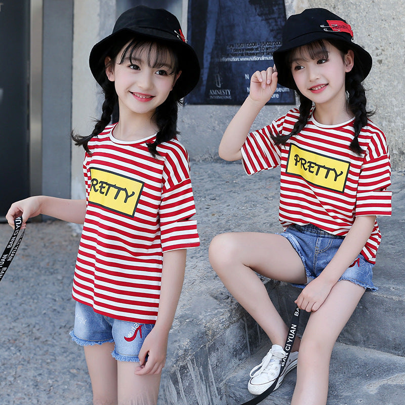 Girls short-sleeved T-shirt 2024 new summer clothes for children, middle and large children, fashionable T-shirt pullover knitted cotton sweater tops