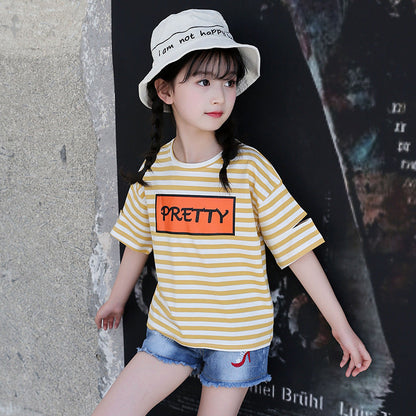 Girls short-sleeved T-shirt 2024 new summer clothes for children, middle and large children, fashionable T-shirt pullover knitted cotton sweater tops