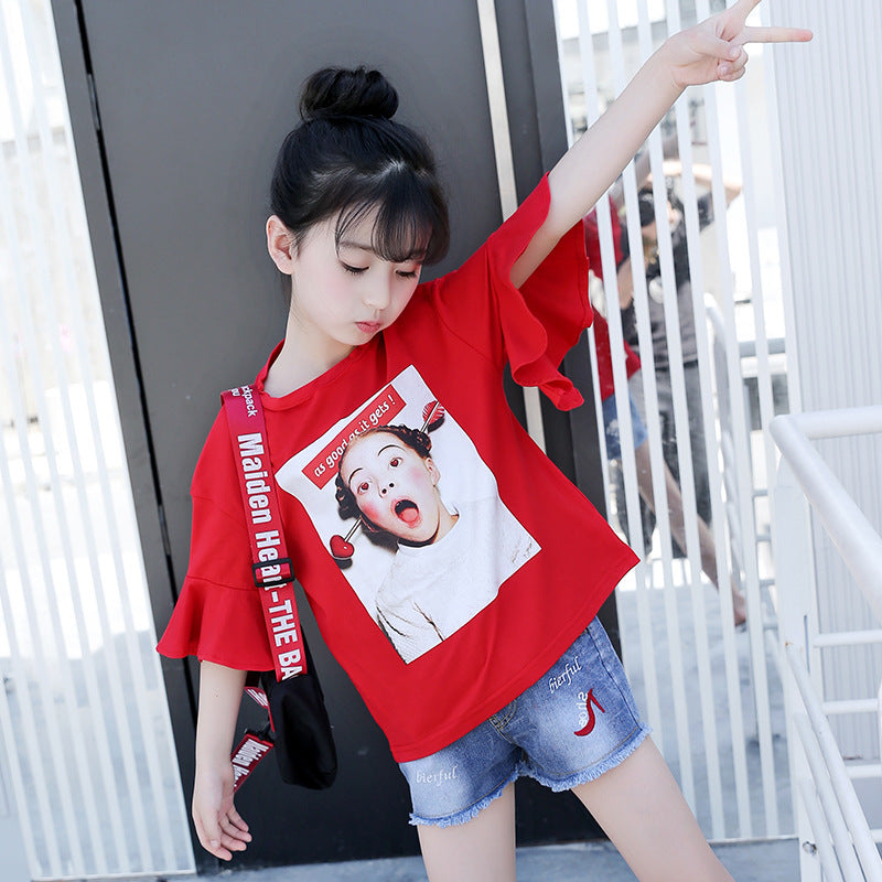 Girls short-sleeved T-shirt 2024 new summer clothes for children, middle and large children, fashionable T-shirt pullover knitted cotton sweater tops