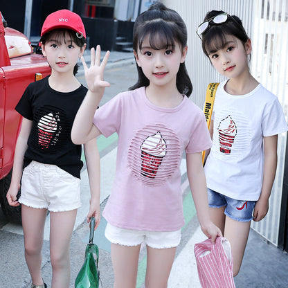 Girls T-shirts 2024 new summer clothes children's short-sleeved T-shirts for middle and large children's hollow tops for girls' foreign style shirts