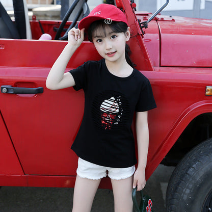 Girls T-shirts 2024 new summer clothes children's short-sleeved T-shirts for middle and large children's hollow tops for girls' foreign style shirts