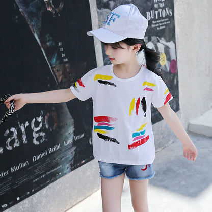 Girls short-sleeved T-shirt 2024 new summer clothes for children, middle and large children, fashionable T-shirt pullover knitted cotton sweater tops