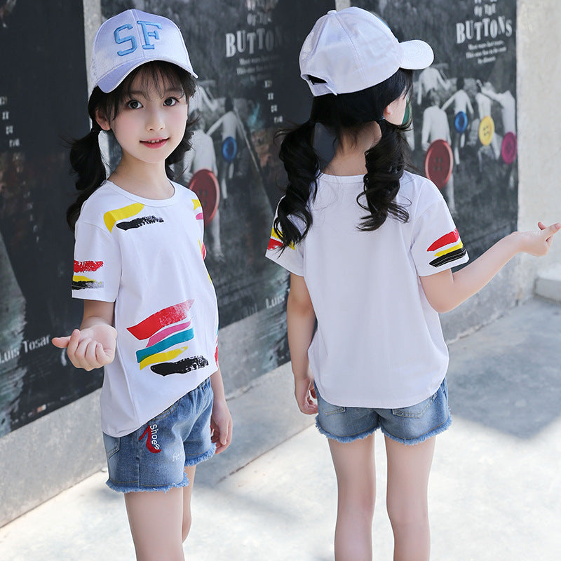 Girls short-sleeved T-shirt 2024 new summer clothes for children, middle and large children, fashionable T-shirt pullover knitted cotton sweater tops