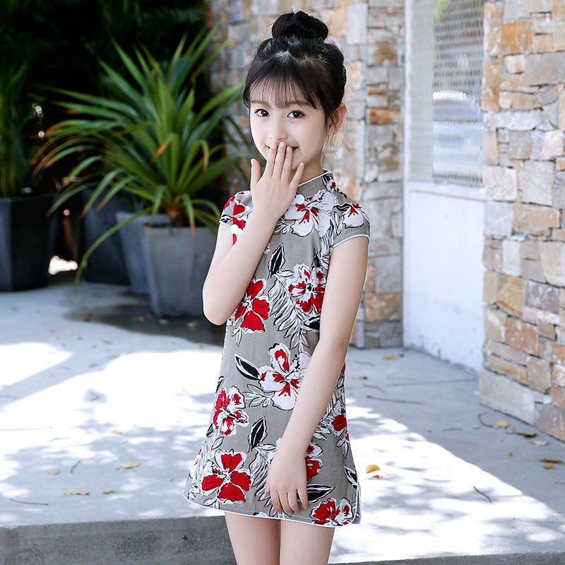 Summer Girls Short-sleeved Cheongsam Cotton Linen Floral Cheongsam Embroidery National Style Retro Children's Day Performance Dress