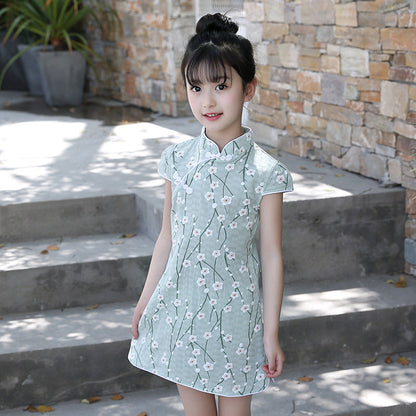 Summer Girls Short-sleeved Cheongsam Cotton Linen Embroidery Ethnic Style Retro Floral Cheongsam Children's Day Performance Dress