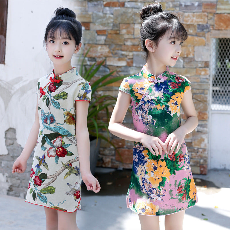 Summer Girls Short-sleeved Cheongsam Linen Floral Cheongsam Embroidery Ethnic Style Cotton Retro Children's Day Performance Jumpsuit