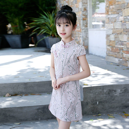 Summer Girls Short-sleeved Cheongsam Linen Floral Cheongsam Embroidery Ethnic Style Cotton Retro Children's Day Performance Jumpsuit