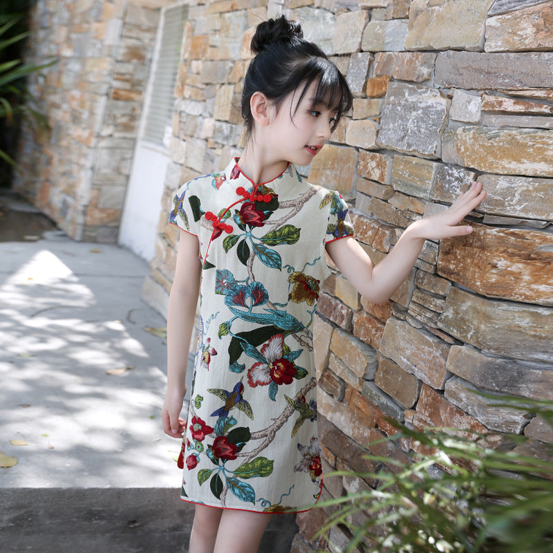 Summer Girls Short-sleeved Cheongsam Linen Floral Cheongsam Embroidery Ethnic Style Cotton Retro Children's Day Performance Jumpsuit