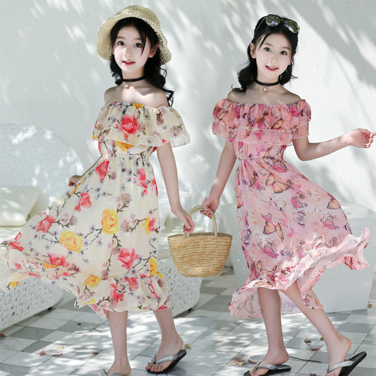 Girls chiffon dress 2024 new summer dress stylish children's long skirt beach skirt fashion skirt trendy