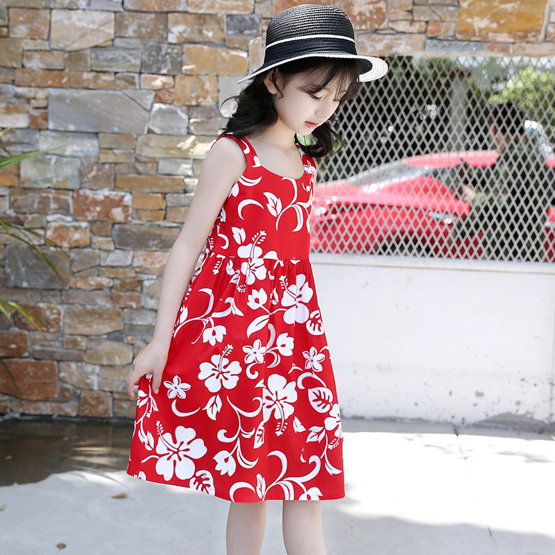 Girls vest skirt cotton floral red skirt Korean style flower casual dress vest skirt performance skirt trend