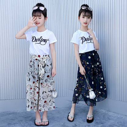 Girls wide-leg pants suit 2024 new summer clothes stylish children's chiffon two-piece mosquito-proof pants fashionable