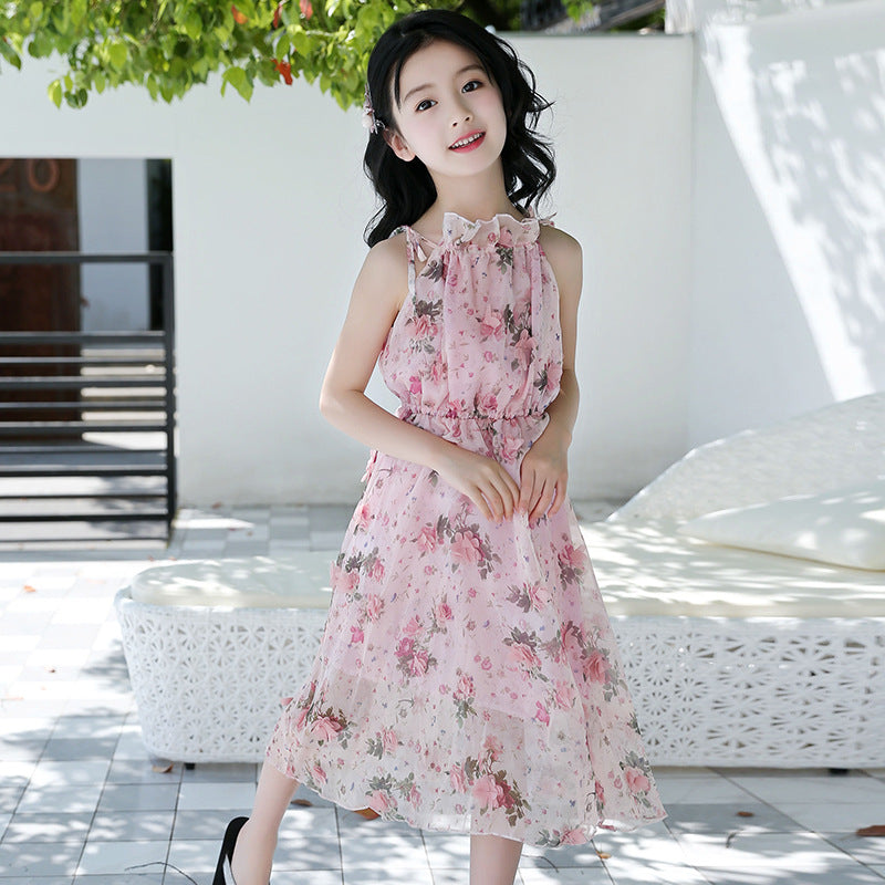 Girls chiffon dress 2024 new summer dress stylish medium-long beach children's medium and large children's off-shoulder suspender dress