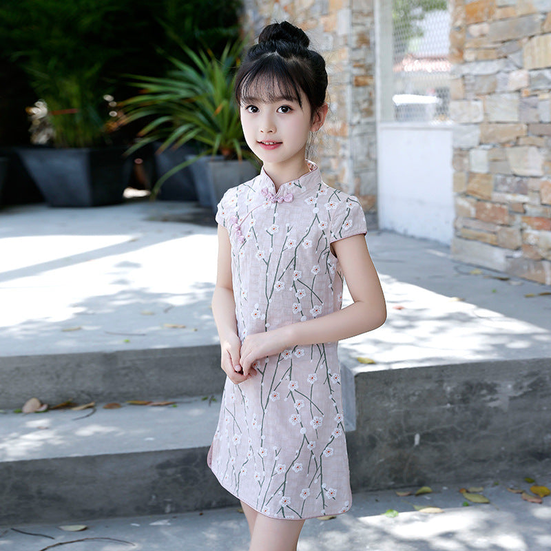 Summer Girls Short-sleeved Cheongsam Cotton Linen Floral Cheongsam Embroidery National Style Retro Children's Day Performance Dress