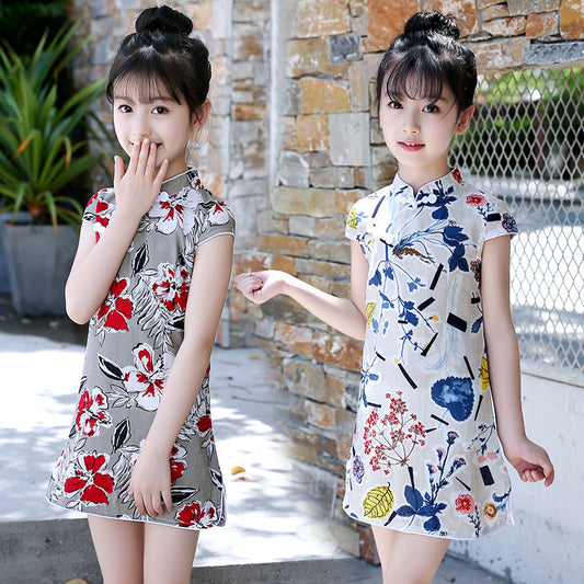 Summer Girls Short-sleeved Cheongsam Cotton Linen Floral Cheongsam Embroidery National Style Retro Children's Day Performance Dress