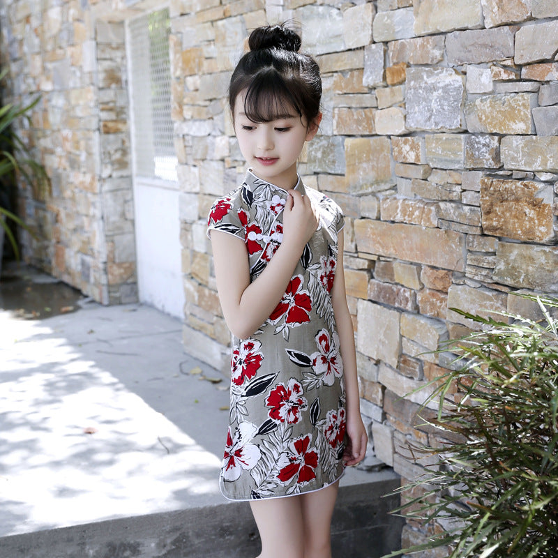 Summer Girls Short-sleeved Cheongsam Cotton Linen Embroidery Ethnic Style Retro Floral Cheongsam Children's Day Performance Dress