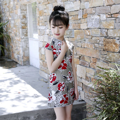 Summer Girls Short-sleeved Cheongsam Linen Floral Cheongsam Embroidery Ethnic Style Cotton Retro Children's Day Performance Jumpsuit