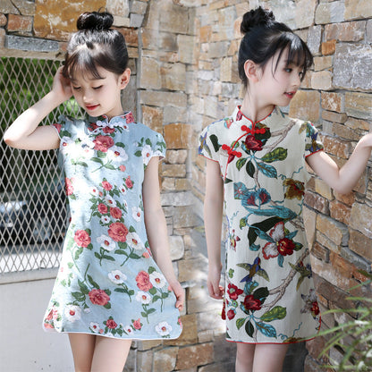 Summer Girls Short-sleeved Cheongsam Linen Floral Cheongsam Embroidery Ethnic Style Cotton Retro Children's Day Performance Jumpsuit