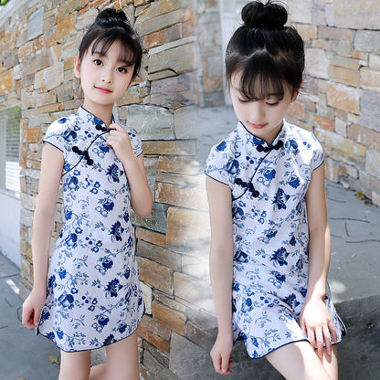 Summer Girls Short-sleeved Cheongsam Linen Floral Cheongsam Embroidery Ethnic Style Cotton Retro Children's Day Performance Jumpsuit