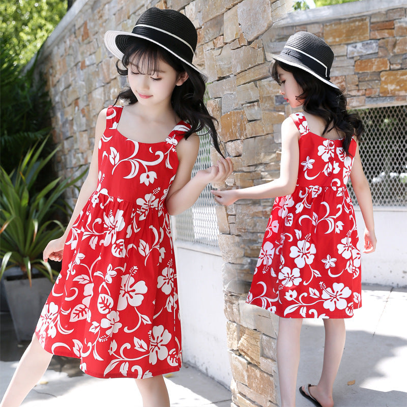 Girls vest skirt cotton floral red skirt Korean style flower casual dress vest skirt performance skirt trend