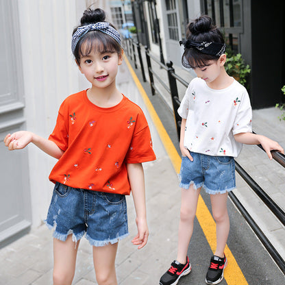 Girls short-sleeved T-shirt 2024 new summer clothes for children, middle and large children, fashionable T-shirt pullover knitted cotton sweater tops