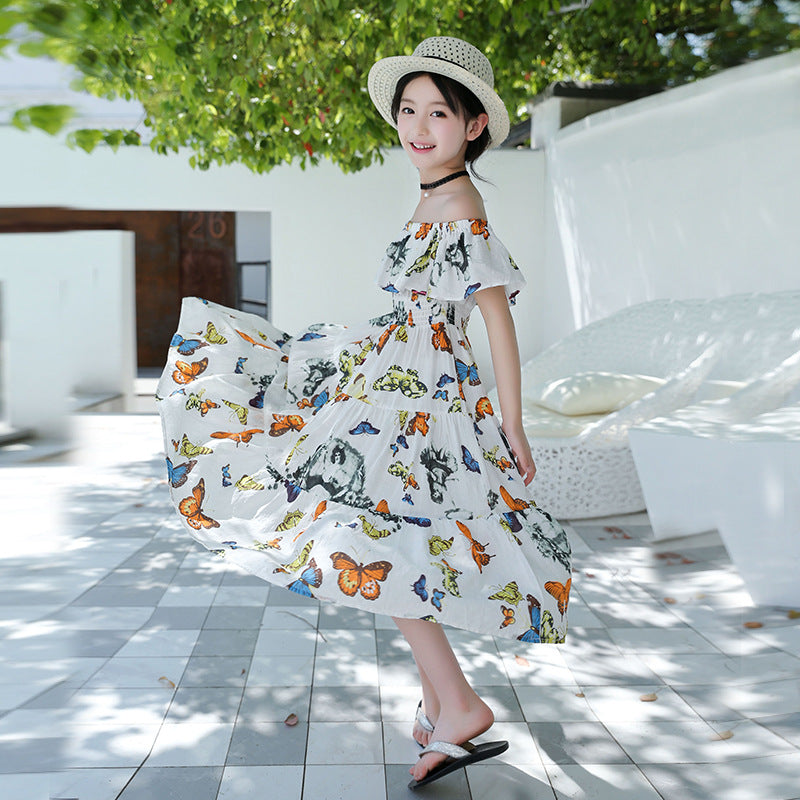 2024 new style for middle and large children girls Korean style waist floral butterfly holiday cotton dress Bohemian long skirt